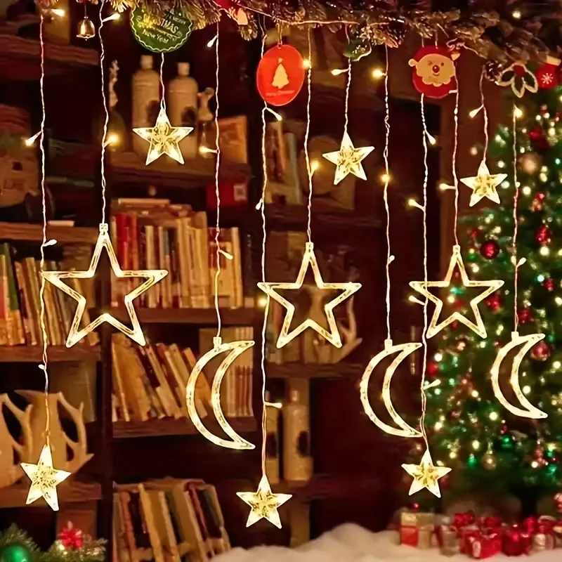 USB Powered Star Moon String Lights Warm/Multicolor Hanging LED Curtain Light Bedroom Atmosphere Lamp for Garden Christmas Decor
