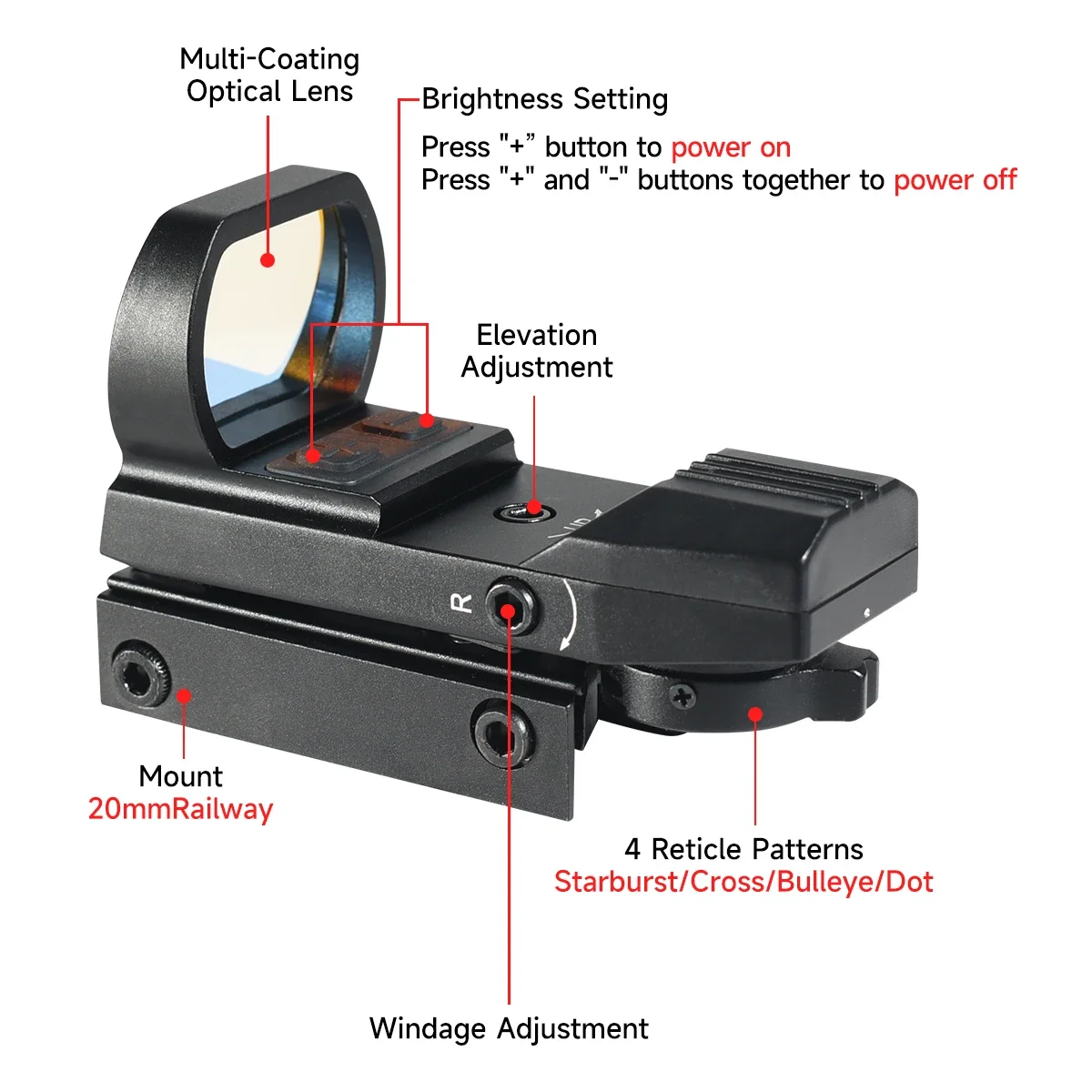 HD101R Red Dot Sight with Type-C USB Rechargeable Sight 4 Reticle Airsoft  Reflex Scopes Tactical Scope For 20mm Rail
