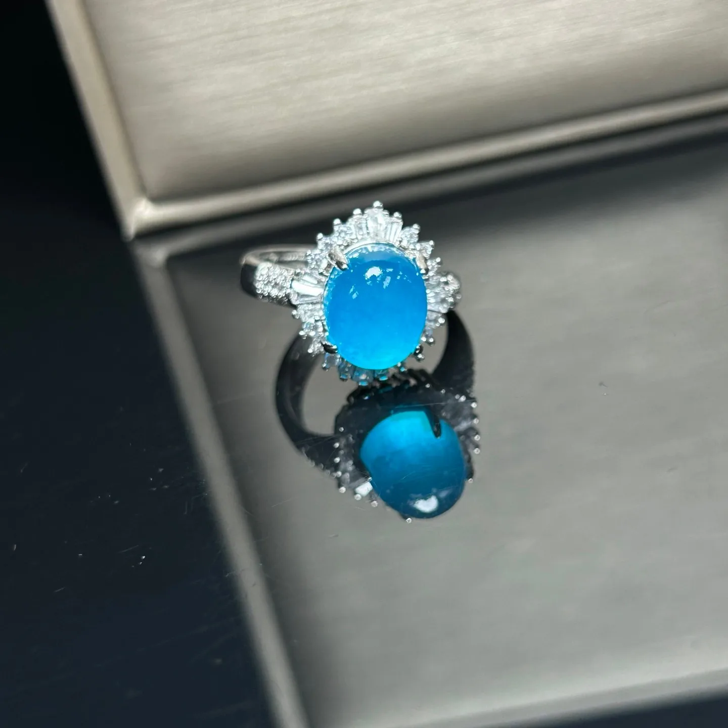 Real Natural Inlay Ice Blue Burmese Jade Jadeite Archaistic Amulet Ring