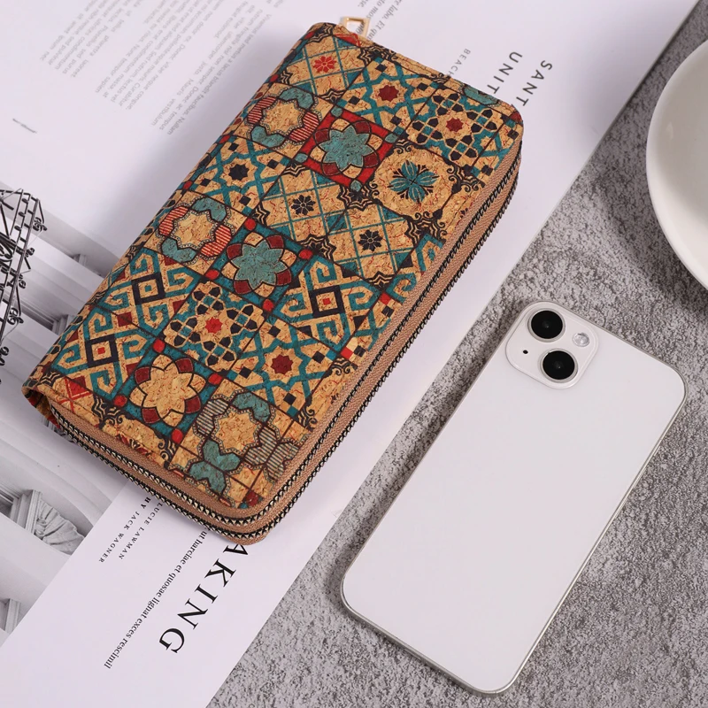 5pcs Wallet Cork Leather Flower Geometry Printing Double Zipper Long Phone Bag Mix Color