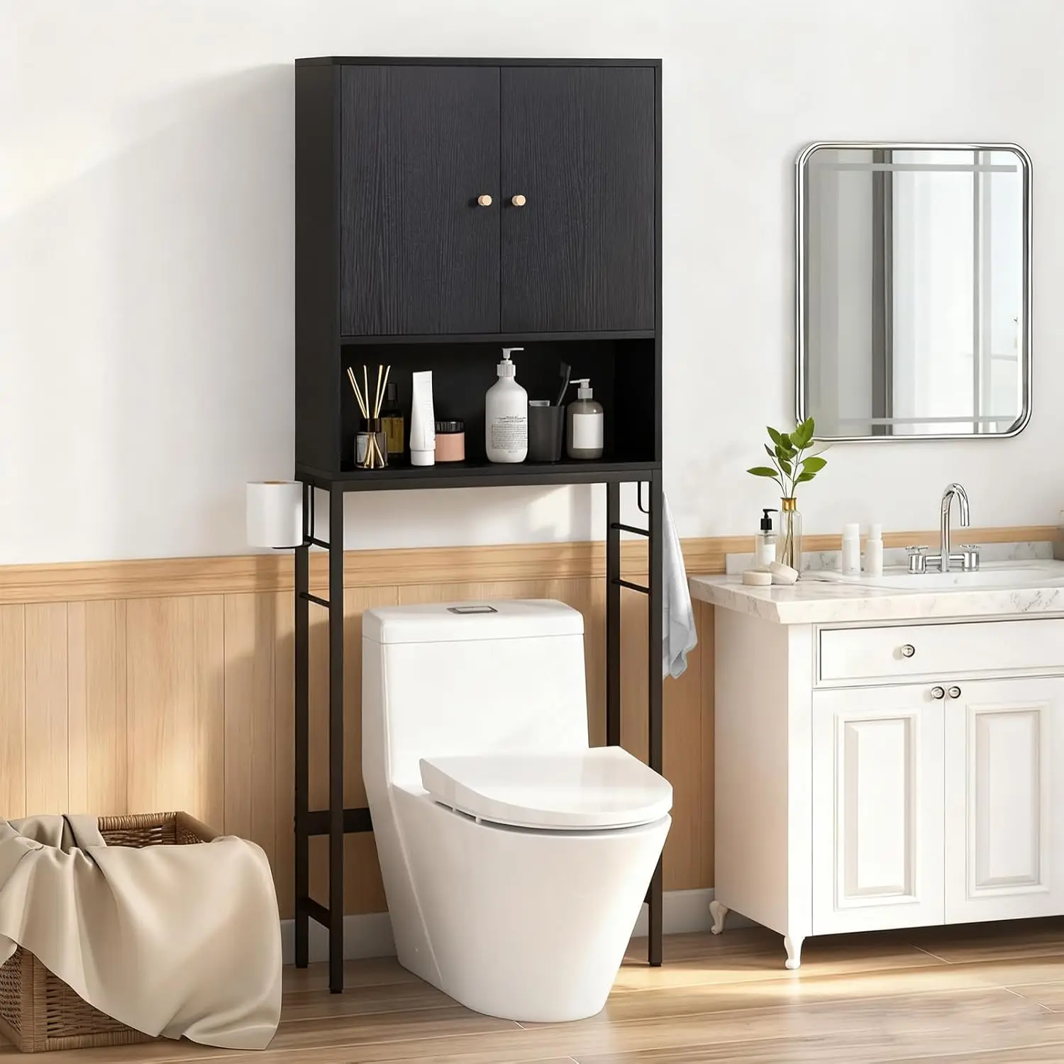 

Over The Toilet Storage Cabinet, Bathroom Space Saver W/Toilet Paper Holder & Hook, Adjustable Shelf & Bottom Bar, Open Stora