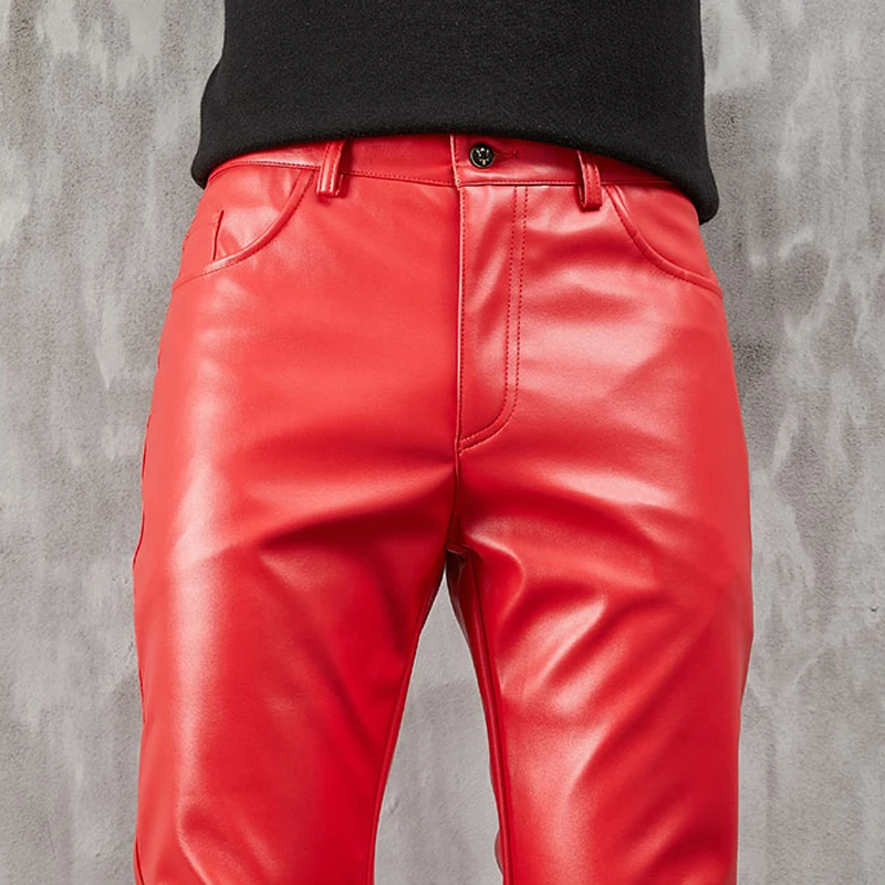 Men\'s Leather Pants Skinny Fit Stretch Fashion PU Leather Trousers Nightclub Party & Dance Pants Thin