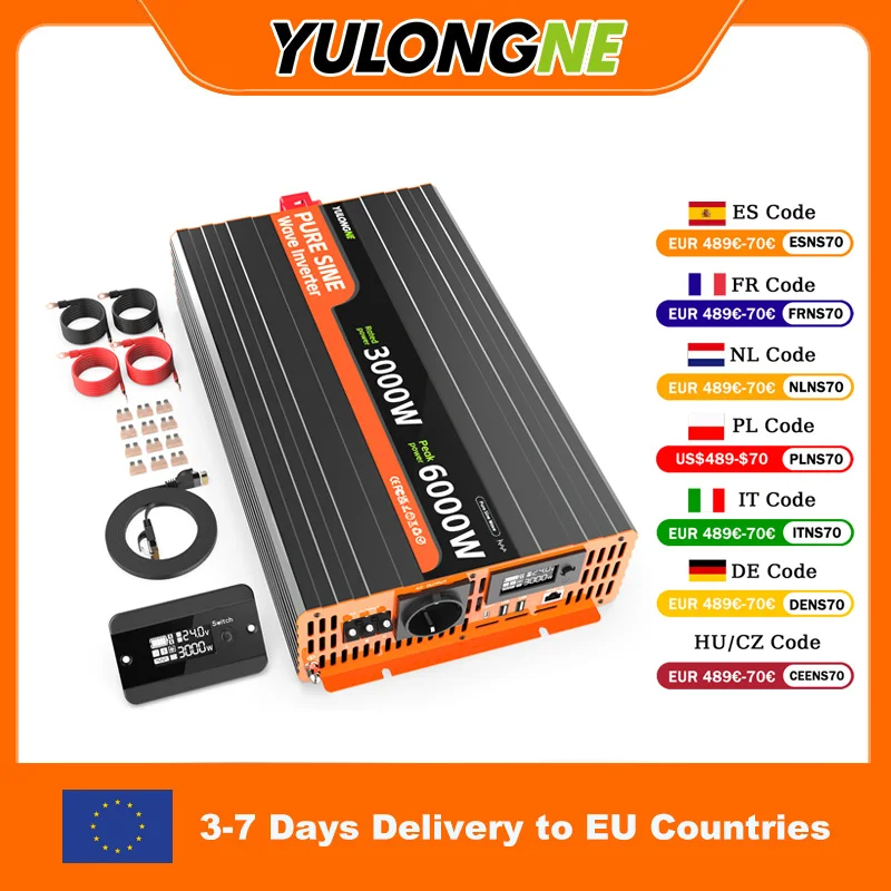 Image of YULONGNE Peak 6000W Reiner Sinus-Wechselrichter 24V DC zu 230V AC 3000W Spannungswandler EU-Buchse USB LCD-Fernbedienung Auto-Wechselrichter für Wohnmobil- und Heimsolaranlagen EU Schneller Versand