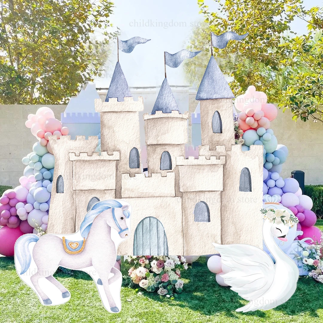 Princesse anniversaire château découpes carton rose bleu château carrousel cygne KT conseil carnaval cirque fête d'anniversaire toile de fond décor