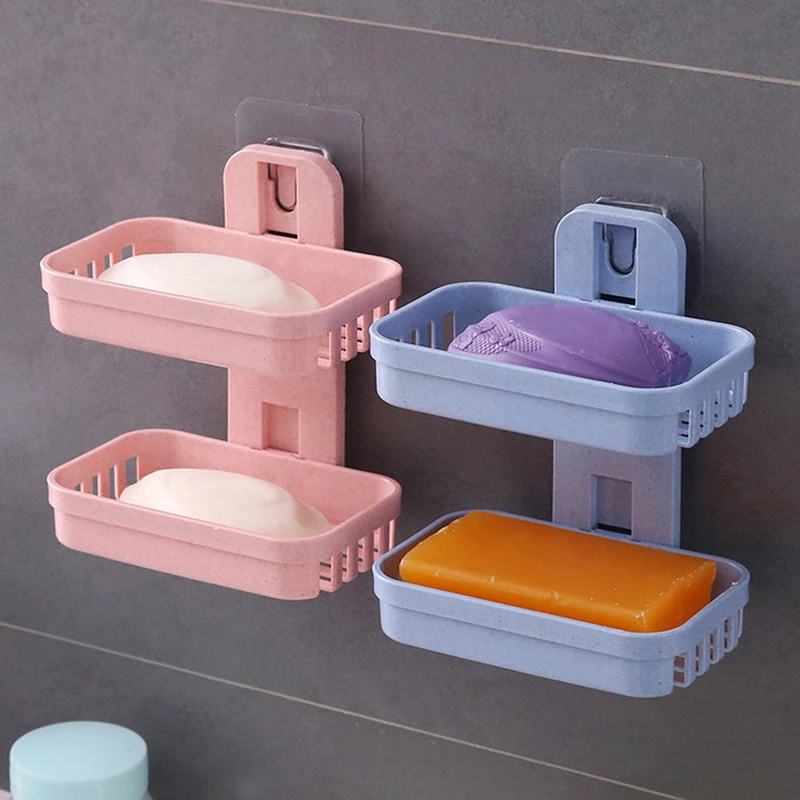 1pc Wall Mounted Double Layer Soap Punch-Free Drawer Draining Holder Bathroom Organizer Rack Shelves Kitchen Sponge Storage Box