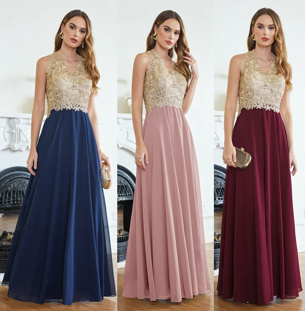 Seksowne suknie wieczorowe z głębokim dekoltem w szpic Halter Backless eleganckie aplikacje złoty haft iluzja formalne suknie na bal maturalny Vestidos