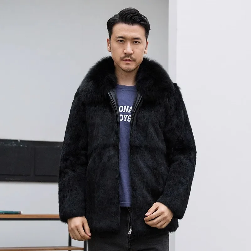 Natural Whole Skin Rex Rabbit Fur Coat With rabbit fur Collar Warm For Men's Rex Rabbit Fur Coats Real Fur Jackets Mens Coats