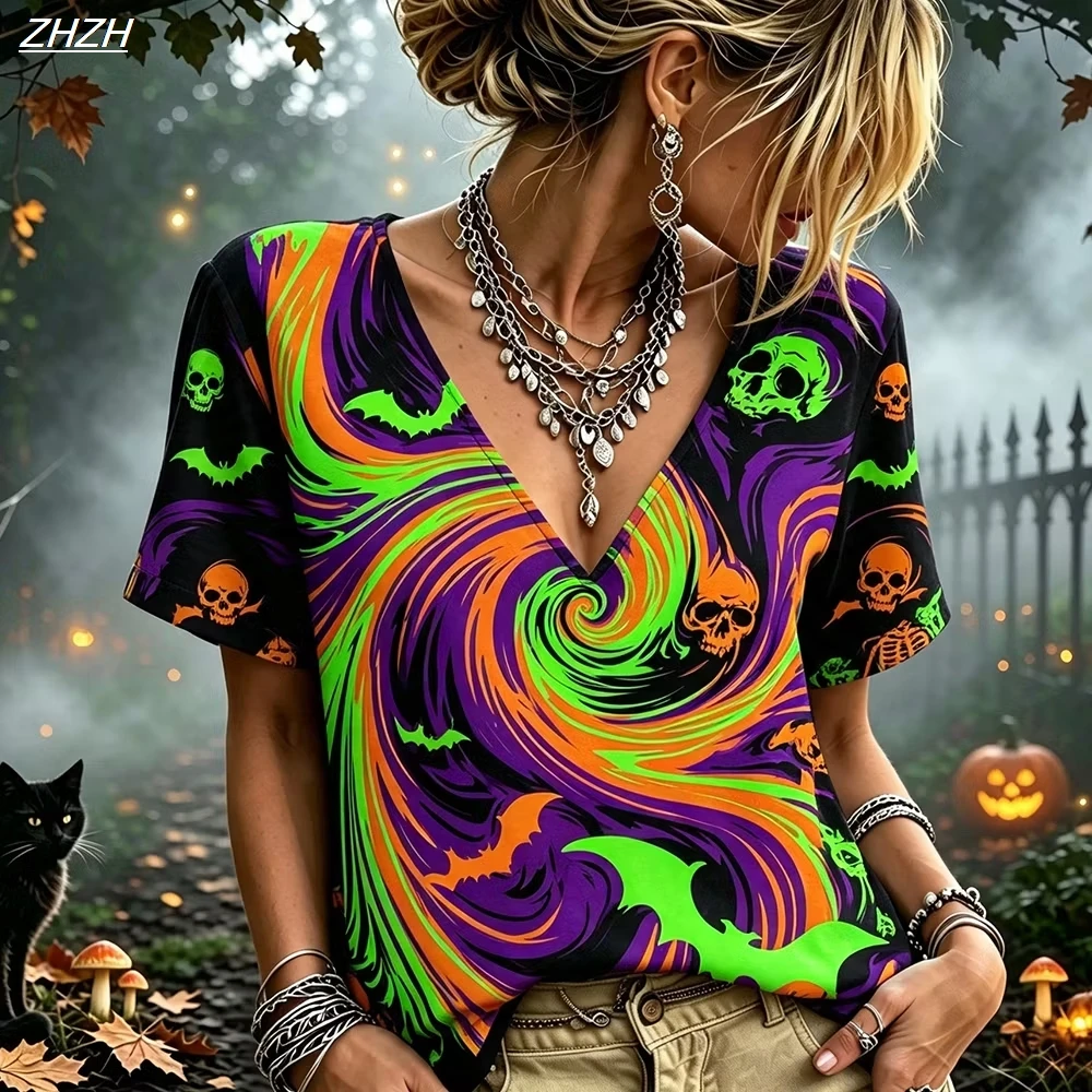 Women Halloween Spider Bat Floral Print V‑Neck T‑Shirt Casual Short Sleeve Top Gothic Festival Party Tee