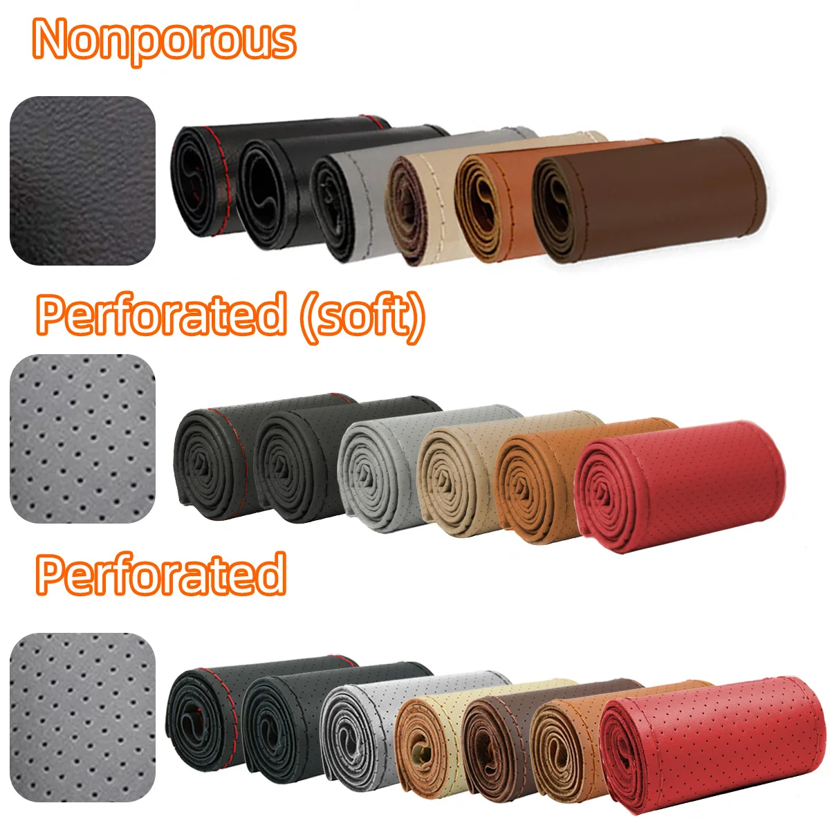 Universeller Leder-Auto-Lenkrad-Stich-On-Wrap-Cover, passend für 38 cm 14 Zoll DIY Nähen, atmungsaktiv und rutschfest, Schwarz, Grau, Beige – Detail 10