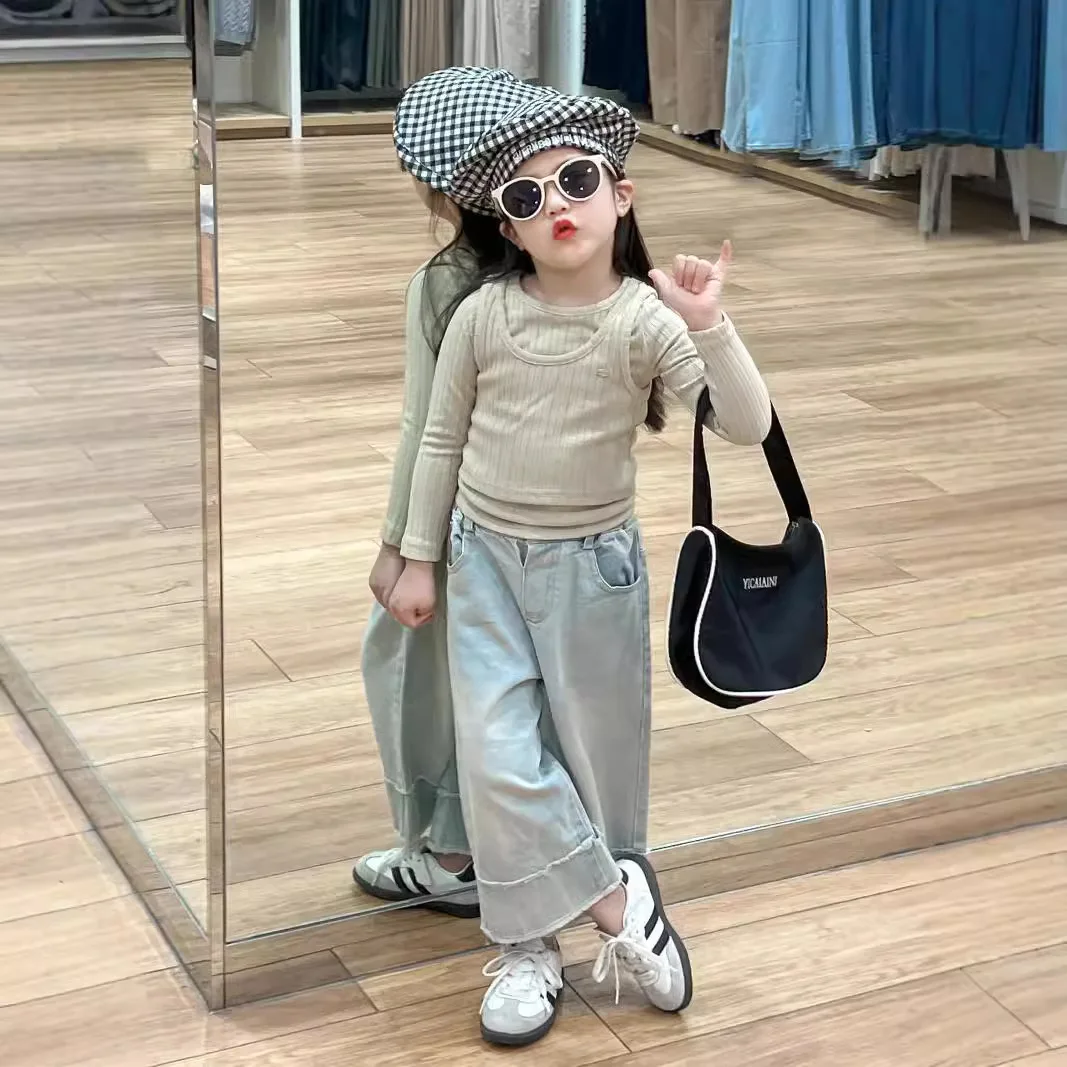 Girls Suit 2024 Autumn New Childrens Wear Korean Style Baby Girl Apricot T-shirt Vest Raw Edge Wide Leg Pants Three-piece Set