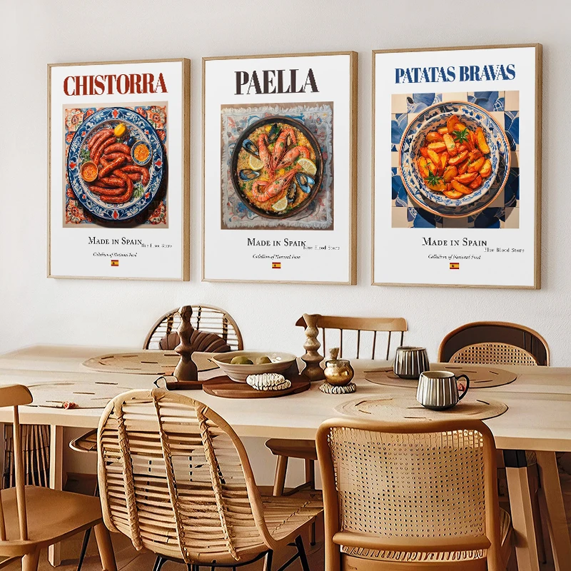 Traditional Spanish National Food Paella Patatas Bravas Tortilla Poster Vintage Delicious Colorful Canvas Art Picture Home Decor