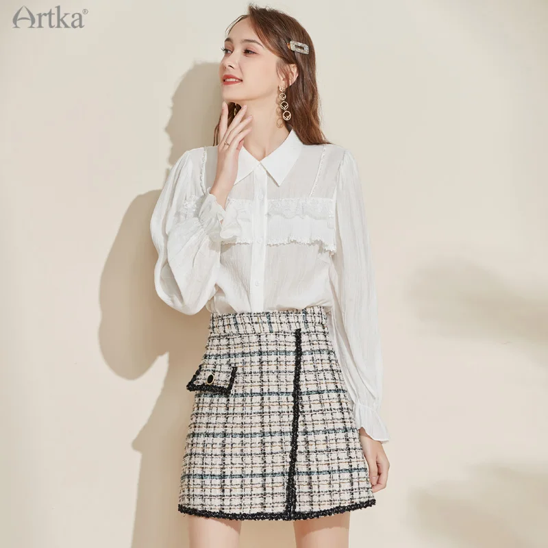 ARTKA 2022 Spring New Women Blouse French Elegant Soft Chiffon Shirts Lapel Lace Long Sleeve White Shirt Female SA29011Q