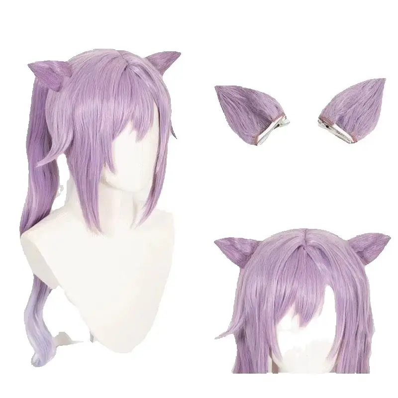 Lavender Purple Ponytail Cosplay Wig with Detachable Cat Ears Heat Resistant Synthetic Fiber for Anime Themed Party Role Play