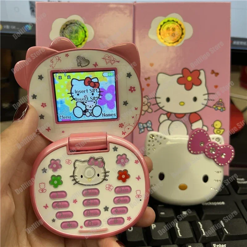 

2024 New Product In Stock Cartoon Cute San Liou Kitty Flip Phone White Pink Mini Phone Children's Fashion Model Toy Youth Gift