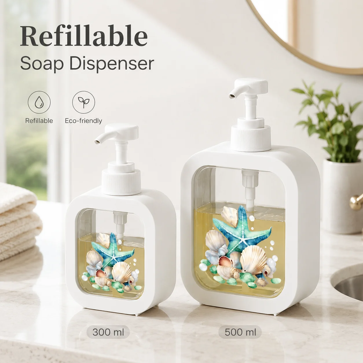 Refillable Soap Dispenser, Coastal Starfish Shell Pump Bottle, Clear Window Hand Wash Lotion Container for Bathroom Kitchen
