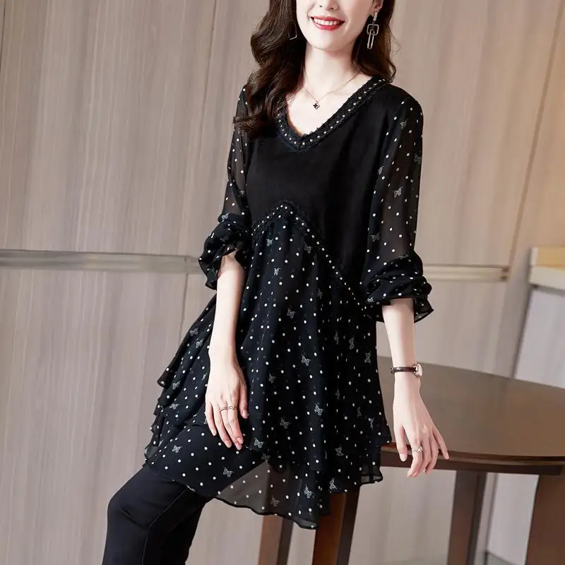 Spring New V-neck Fashion Long Sleeve Blouse Women High Street Casual Loose Polka Dot Printing Pullovers Elegant Mid-length Tops