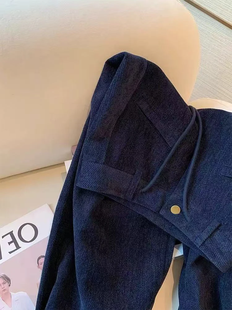 Marineblaue Cord-Freizeithose für Damen, Herbst-Plüsch, dicke Streetwear-Schnürhose mit weitem Bein, hohe Taille, gerade All-Match-Hose
