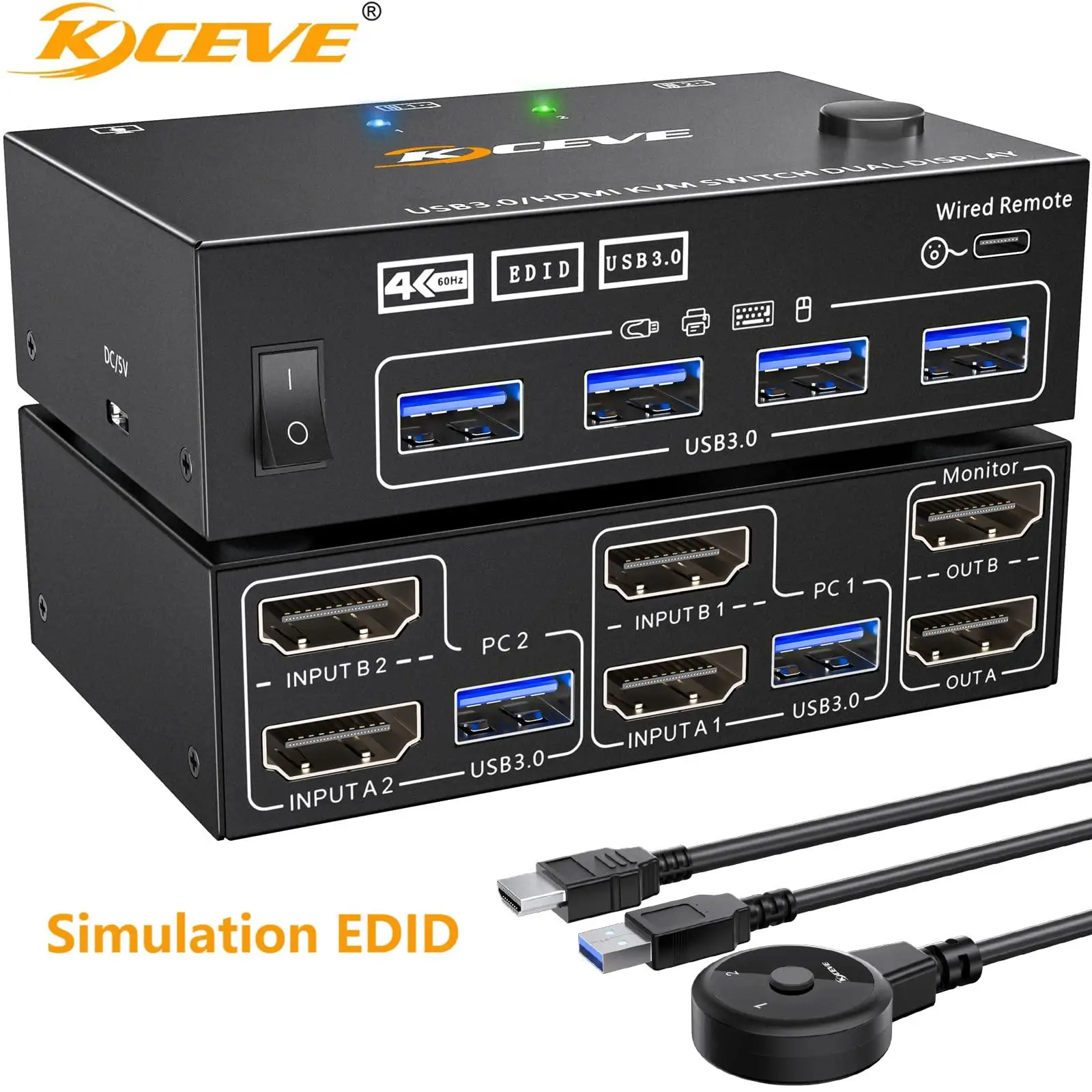 Dual Monitor KVM Switch 2 Port 4K@60Hz 2K@144Hz Simulation EDID,KCEVE HDMI USB 3.0 Switch Extended Display 2 Monitors 2 Computer