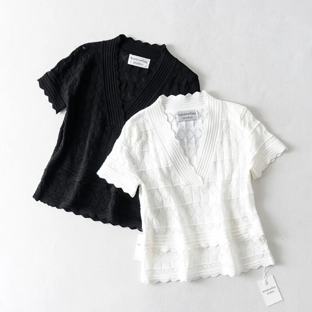 

E4TY4-1923 Women's Lace Hollow-out V-neck Knit Base Shirt Thin Sweater Fashionable Open Cardigan Top for Casual Wear