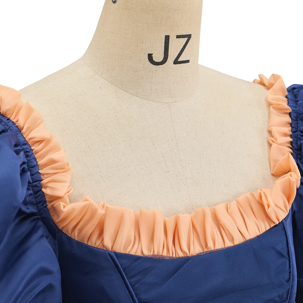 Vestido largo victoriano con bullicio, vestido de corte azul oscuro, disfraz de princesa real renacentista, disfraz Medieval británico para mujer