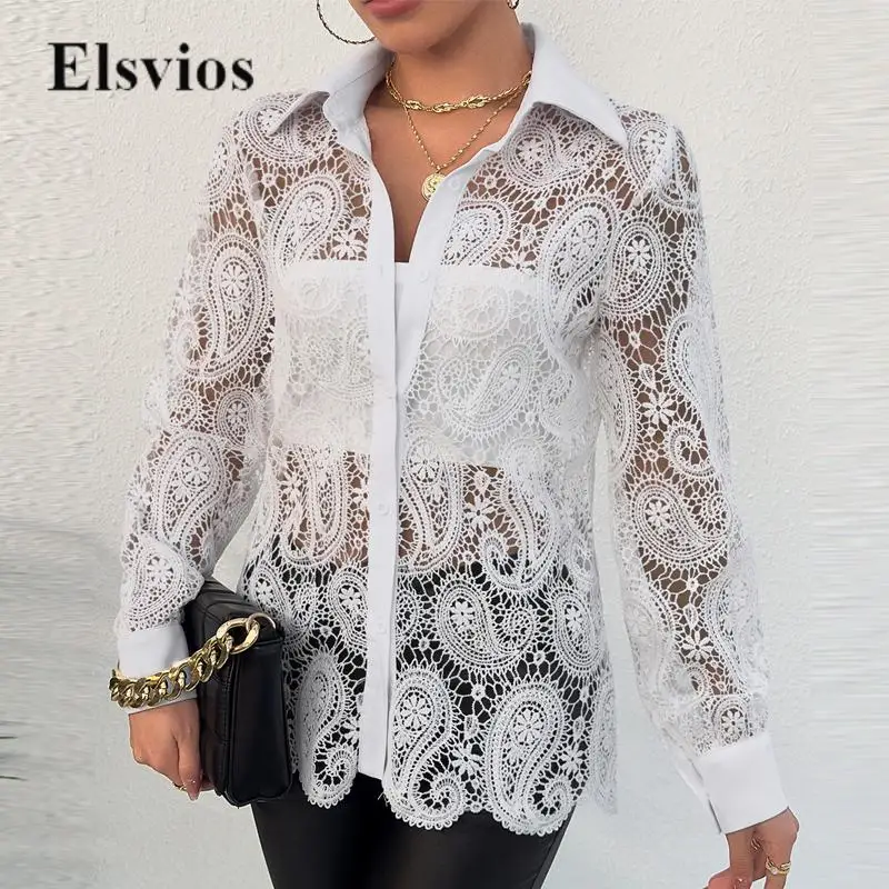 

New Spring Women Fashion Turndown Collar Blouse Casual Long Sleeve Office Lady Tops Blusa White Lace Hollow Out Embroidery Shirt