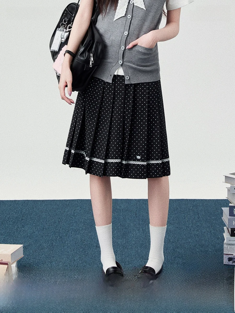 

Юбка с высокой талией в горошек и клетку, плиссированная длинная юбка в стиле JK, весенняя женская модная юбка, черная элегантная женская юбка