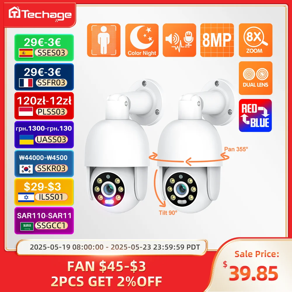 

Techage 8MP PTZ камера с двумя объективами POE IP камера 8X гибридный зум автоматическое отслеживание цветное ночное видение для