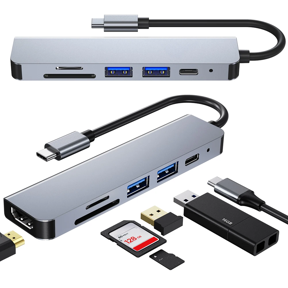 6 in 1 USB C Hub 100W PD 4K HDMI-Compatible USB C Dongle USB 3.0 USB 2.0 Type-c Hub for USB C Laptops and Other Type C Devices