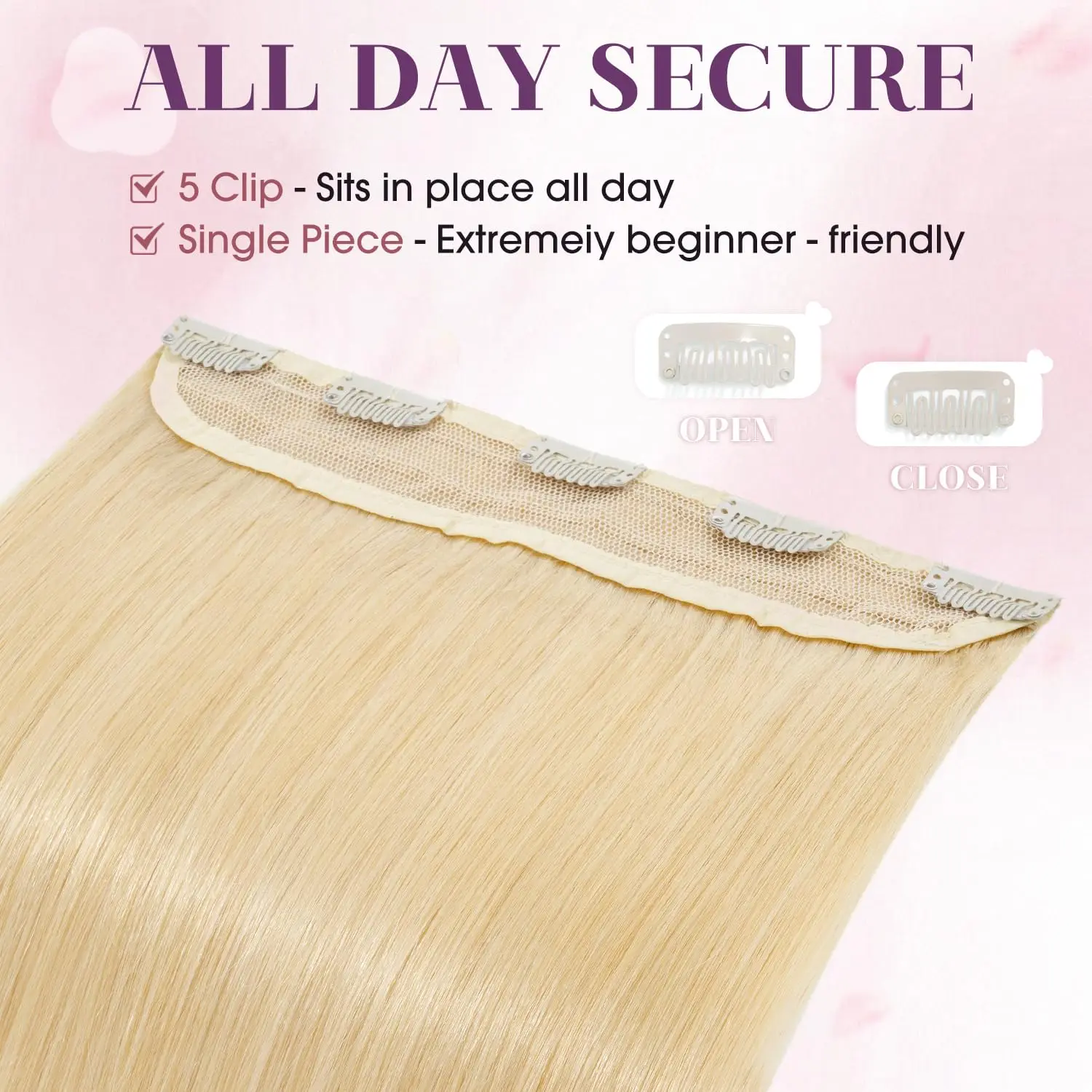 Clip rubio de una pieza en extensiones de cabello 100% cabello humano real Clip de una pieza 5 # 613 Clip recto de hueso en extensiones de cabello humano