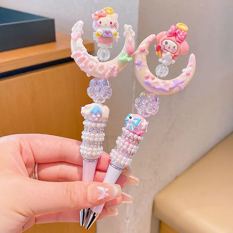 Sanrio Cartoon Crystal Sparkling Diamond Rotating Head Neutral Pen Black Cute Girl Beaded Pen Kawaii Gel Pen Stationery view 2