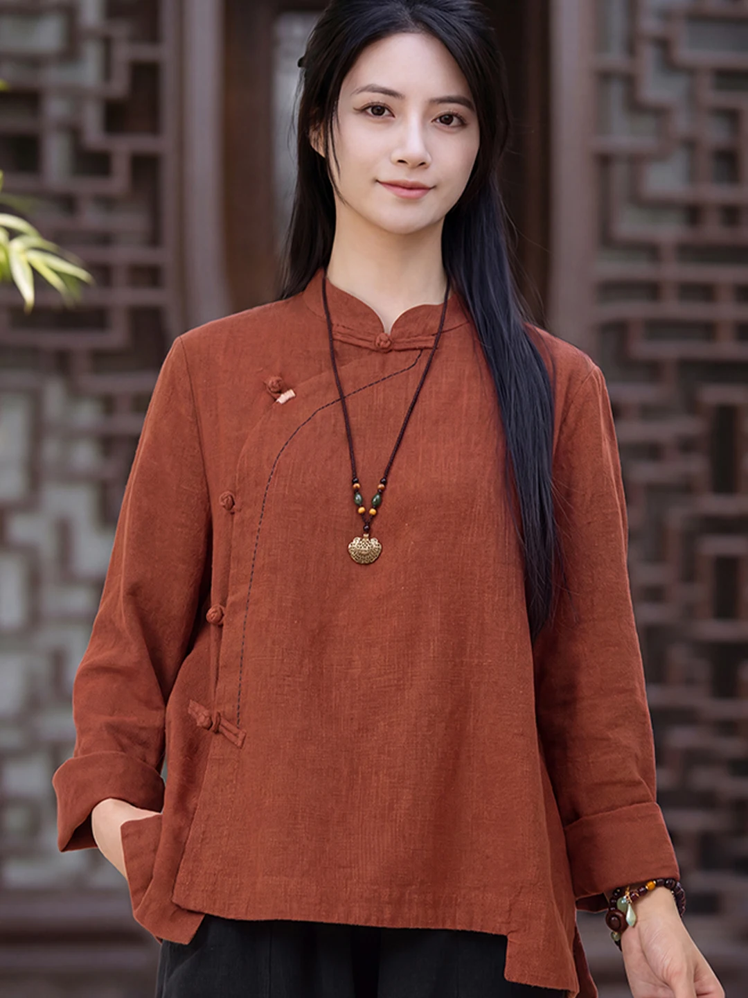 Original Women's Linen Shirt Stand Collar Long Sleeve Short Length Open Cardigan Breathable Comfortable Autumn New Style