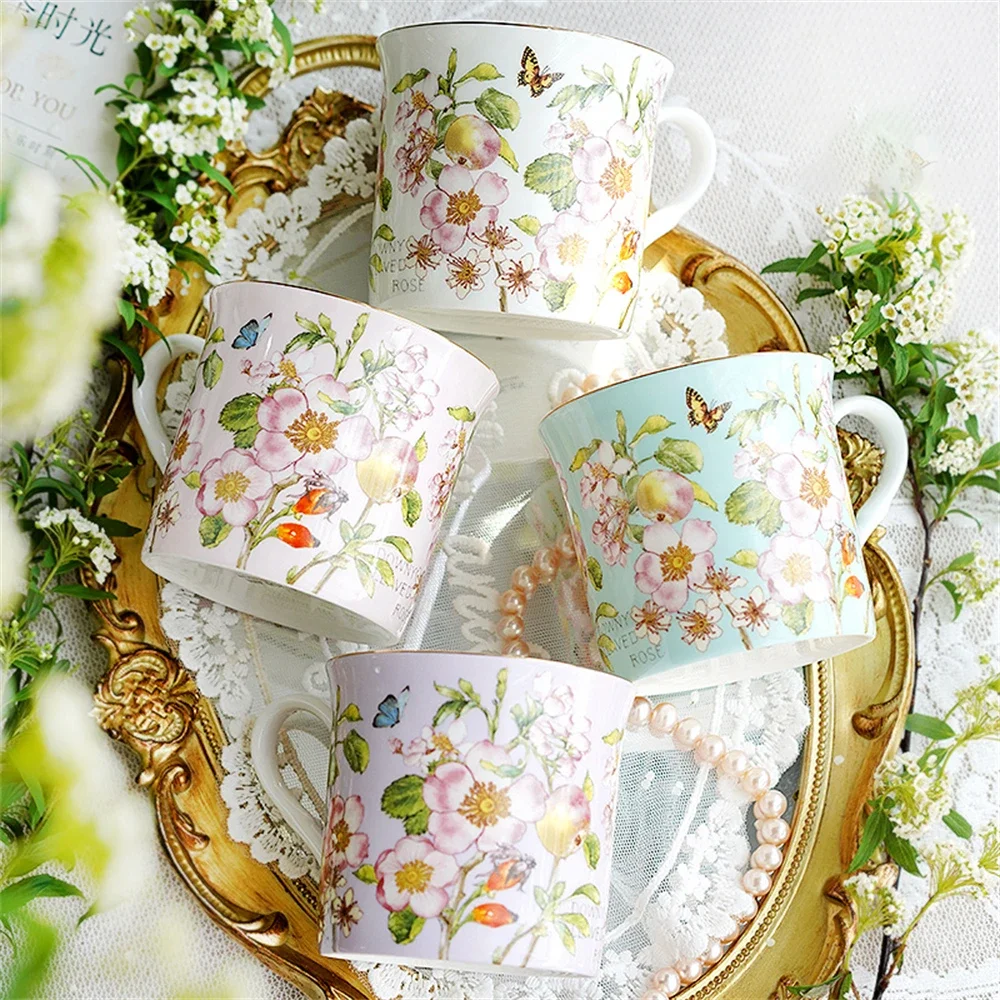 Fresh Style Mug Ceramic Apple Blossom Printed Bone China Princess Cup Office Large Capacity Afternoon Tea Water Cup Coffee Cup