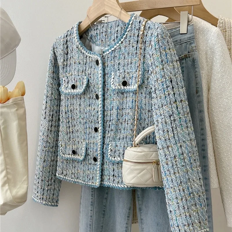 

Autumn Winter New Blue Tweed Knitted Coat Women's French Style Overcoat Small Fragrant Style Outwear Suit Top Short Jacket 2024