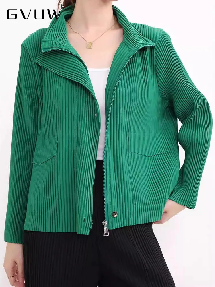 GVUW Pleated Stand Collar Jackets Women Full Sleeve Stand Collar Buttons Spliced Pockets New 2024 Versatile Clothing 17G8547