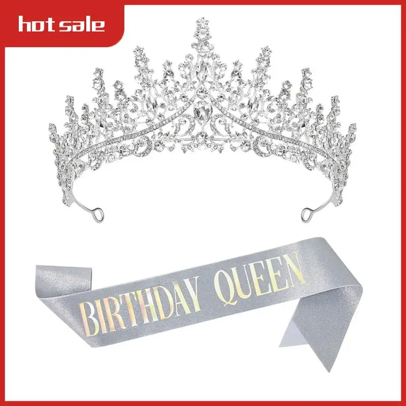 

Birthday Crowns For Women Silver Birthday Queen Sash And Tiara Set Rhinestone Princess Headband Durable For Birth Day Party