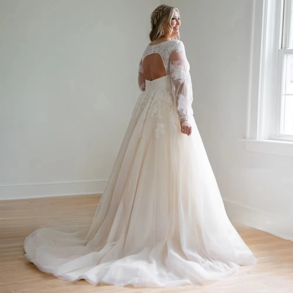 Plus Size V Neck Illusion Long Puff Sleeve Wedding Dress Beaded Lace Bodice Tulle A Line Ball Gown Skirt with Cathedral Train