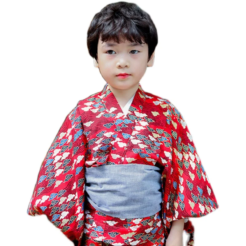 Japanese-style Yukata With Belt Children\'s Kimono For Boy Red Cloud Breathable Traditional Classic