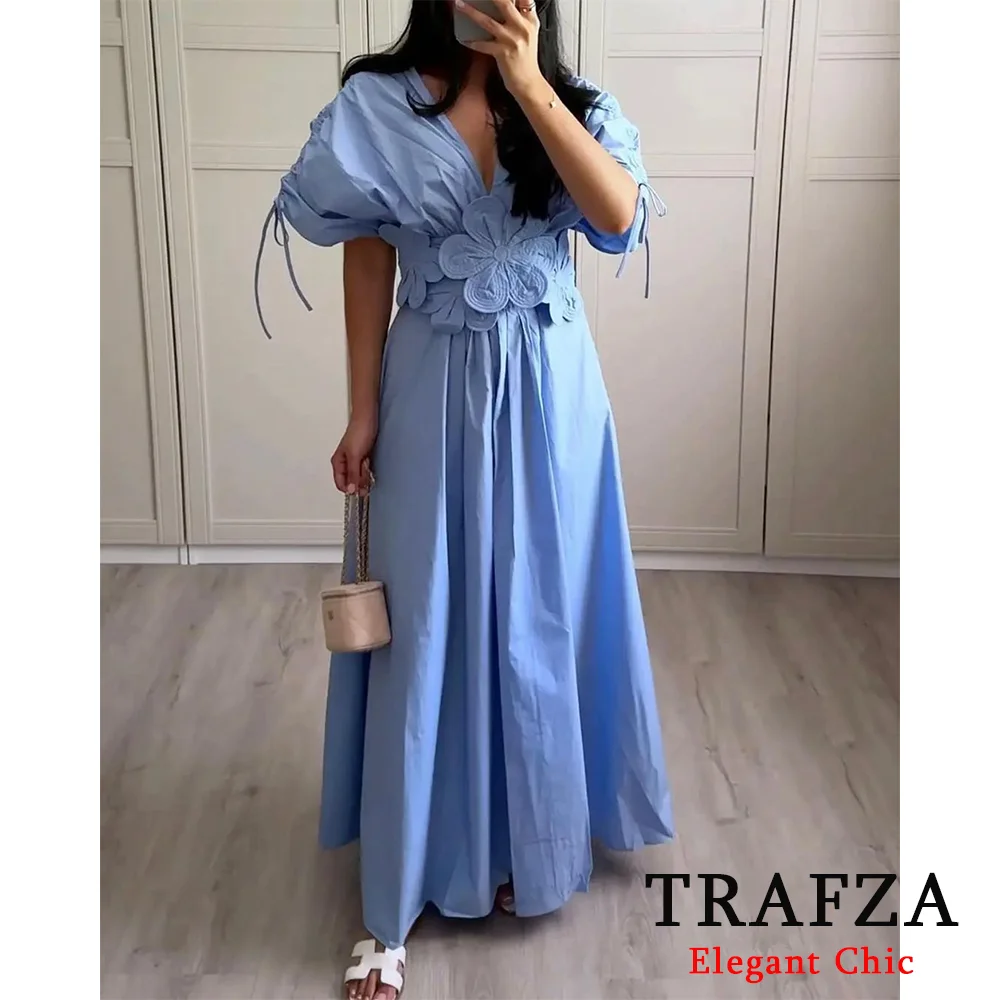 TRAFZA Vintage Cubic Floral V-Neck Short Sleeve Drawstring Maxi Dress Women New 2024 Spring Summer Fashion Party Holiday Dress