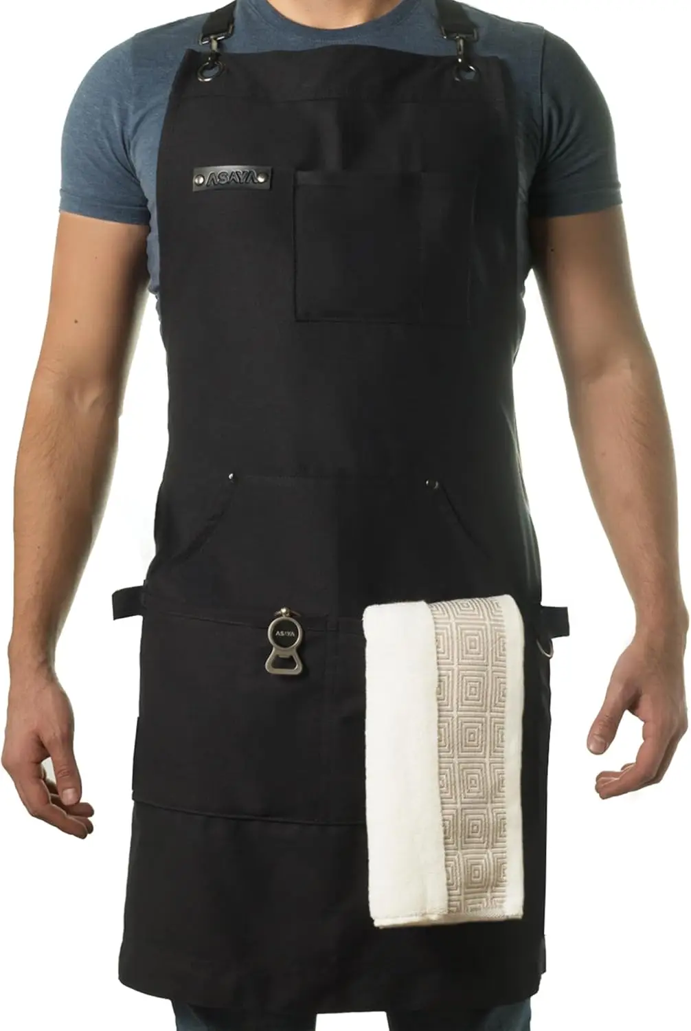 

Chef and BBQ Apron with Bottle Opener & Hand Towel, 10oz Cotton Canvas, Cross Back Straps, Stainless Steel Hardware