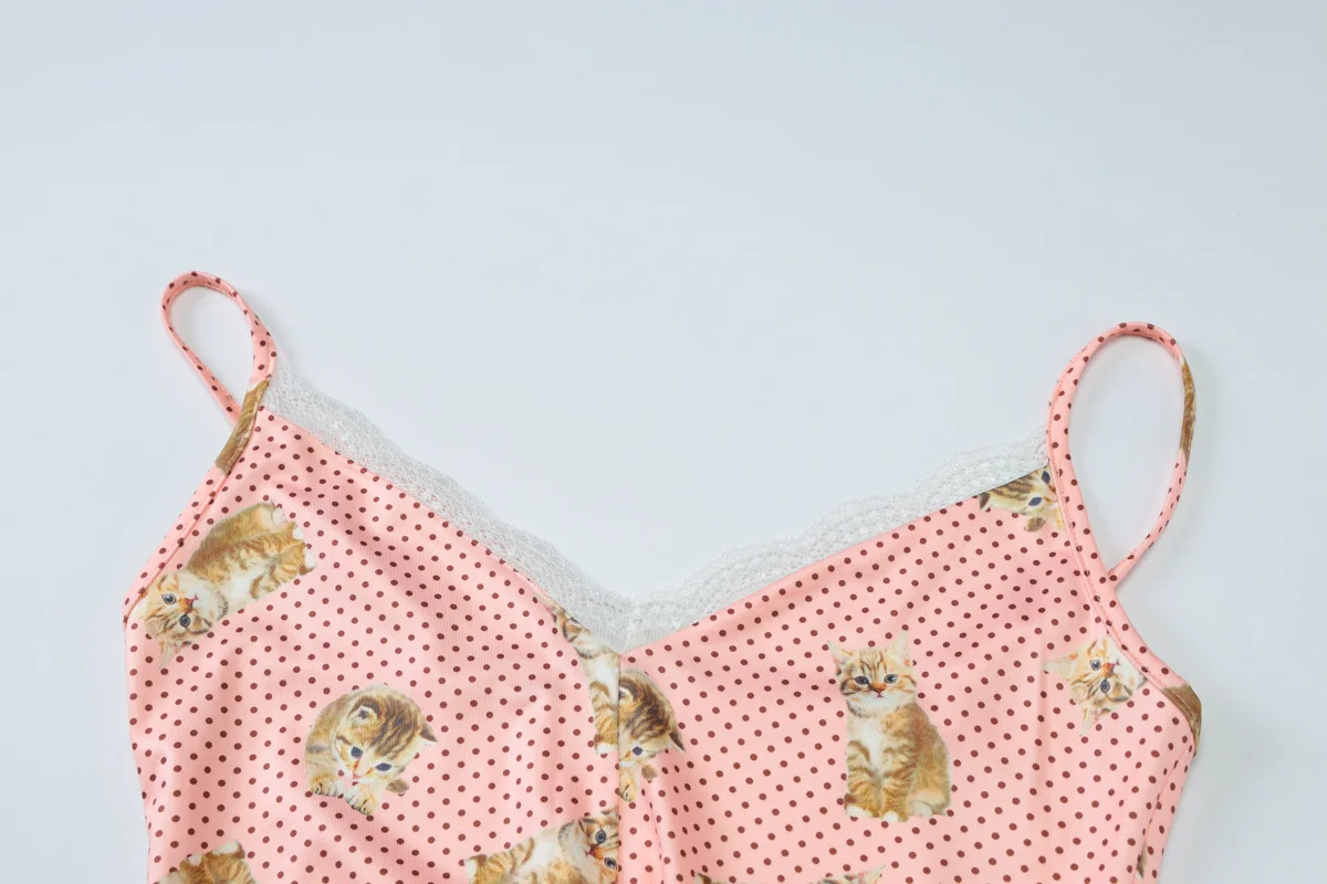 2025Zomer Kant Patchwork Print Hemdje Speelpakjes Vrouwen Sexy V-hals Spaghettibandjes Backless Skinny Thuis Rompertjes Streetwear