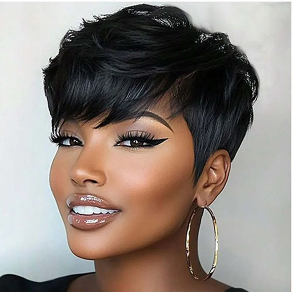 ピクシーカットウィッグ 女性用人毛ショートボブウィッグ 前髪付き レイヤードピクシーカットウィッグ ブラジル人毛フルマシンメイドウィッグ