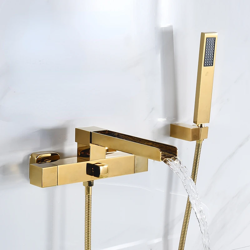 Imagem -05 - Torneira de Banheira Dourada Estendida para Banheiro Torneira de Mistura Água Quente e Fria Chuveiro em Cascata Banho Simples
