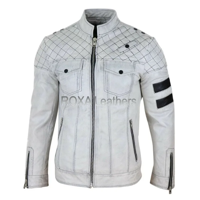 

Elegant Men Genuine Lambskin Real Leather Jacket Handmade White Coat