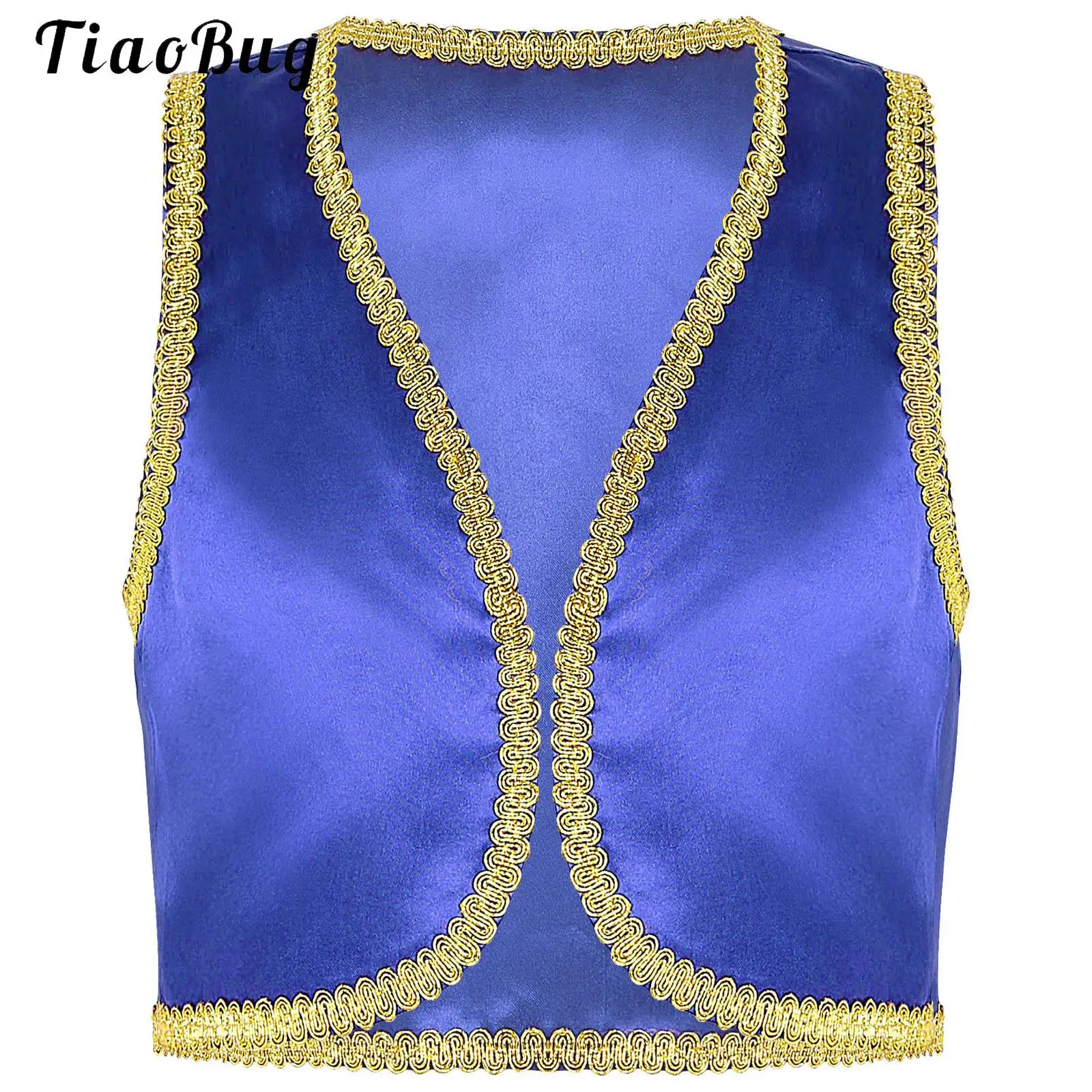 

Halloween Open Front Golden Trim Genies Waistcoat Arabian Prince Costume for Kids Boy Fairytale Cosplay Vest Tops Fancy Dress Up