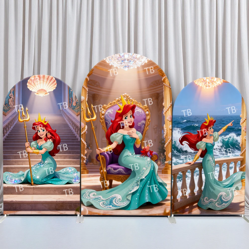 

TB Little Mermaid Arch Backdrop Cover Birthday and Baby Shower Trident Throne Castle Seaside Theme Kids Party Photo Booth Decor