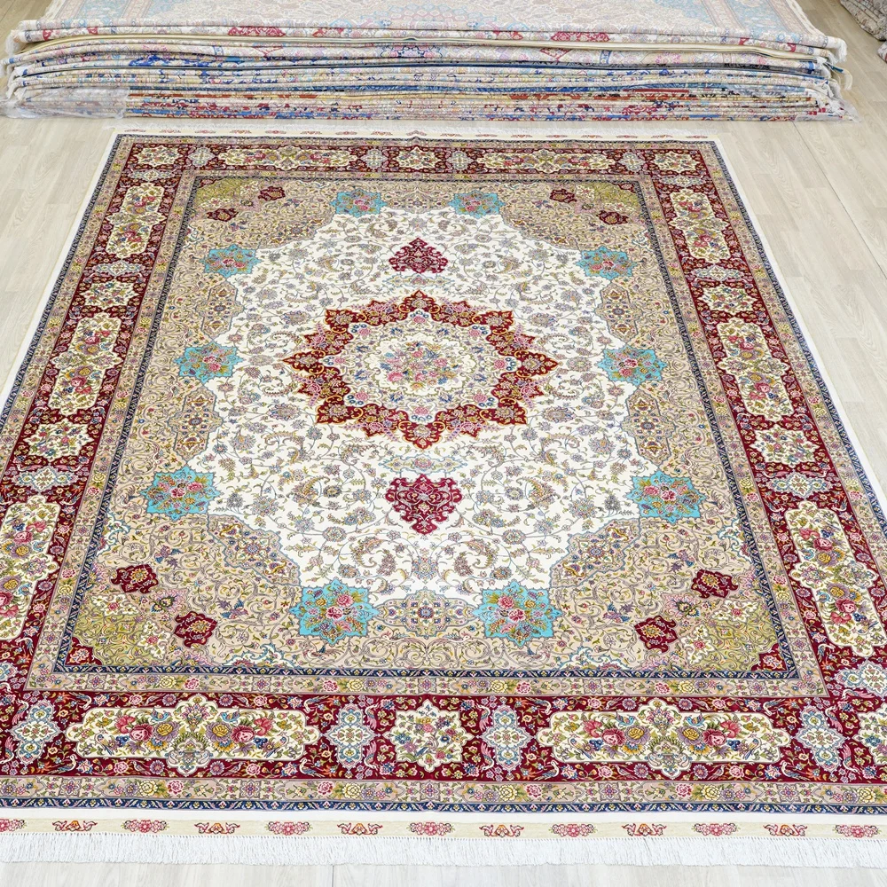 274x366cm Vantage Persian Silk Rug Large Red Medallion Antique Qum Silk Carpet