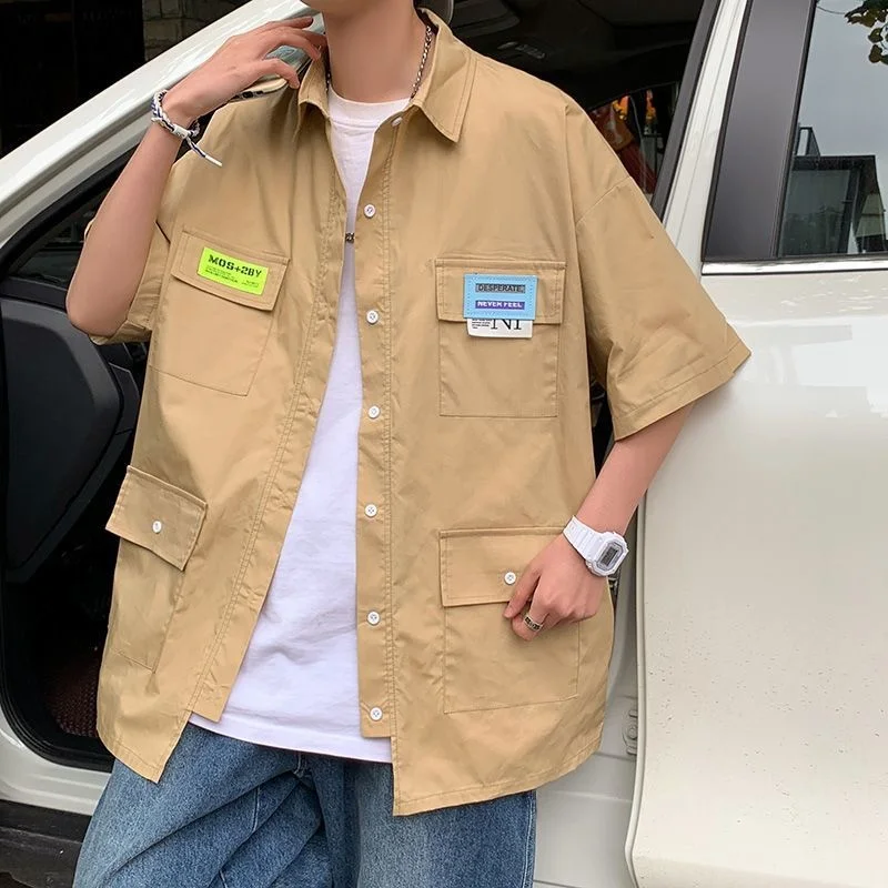 

plus Size 300 Pounds Japanese Style Workwear Shirt Men's Short Sleeve Multi Pocket Summer Label Patch Five Sleeve Shirt