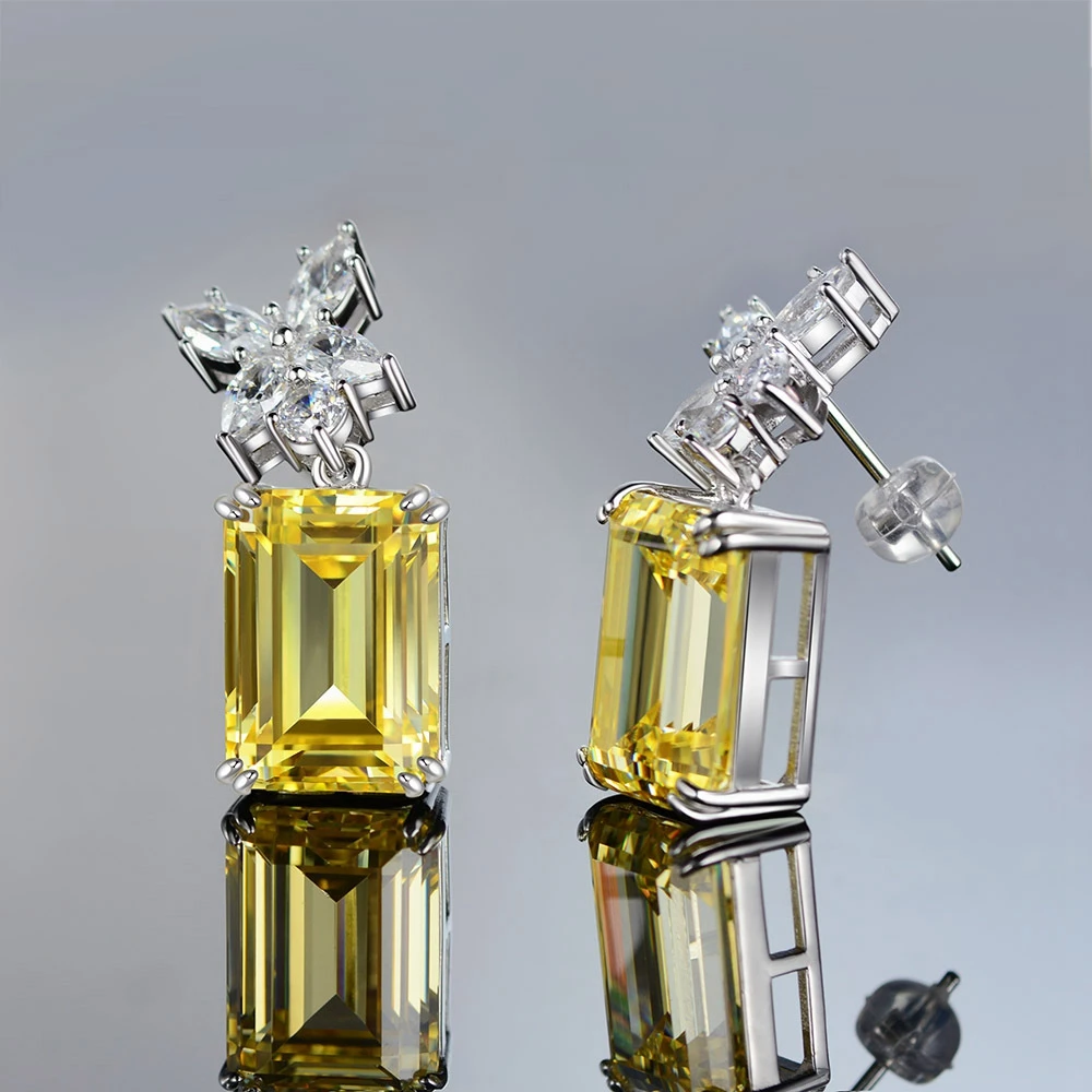 PuBang Fine Jewelry 925 Sterling Silver Luxury Baguette Stud Earrings Yellow Gem Created Moissanite for Women Gift Drop Shipping