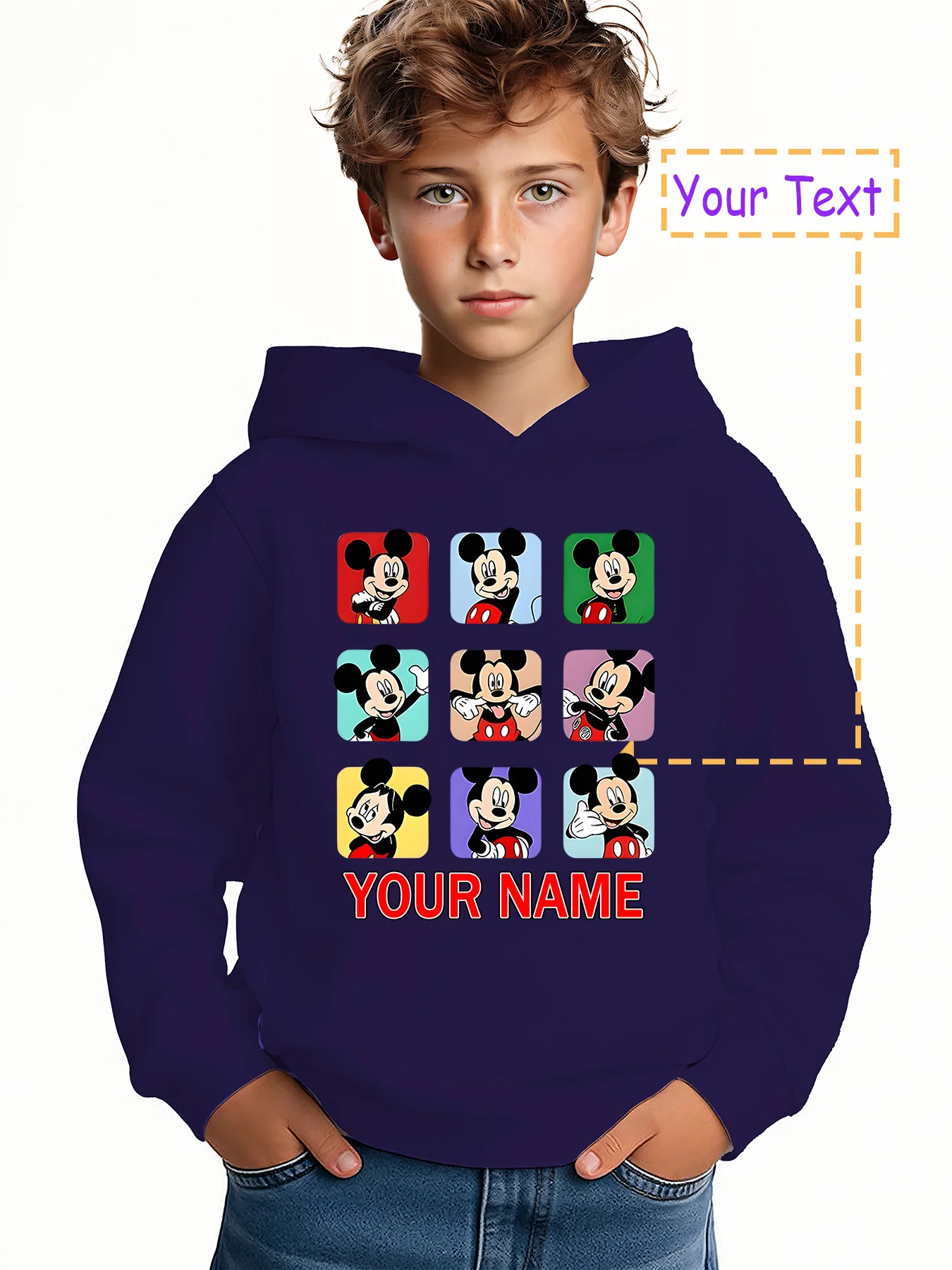 MINISO Colorful Mickey Mouse 9-Pattern Hoodie - Featuring a colorful 9-Pattern Mickey design and a striking 