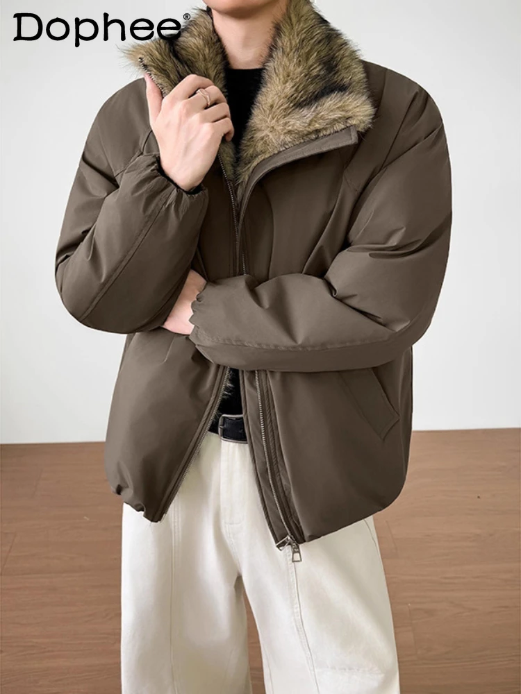 سترات دافئة بياقة واقفة للرجال 2025 شتاء جديد أنيق بلون سادة سميك كبير الحجم سترات رجالية فضفاضة مريحة معاطف باركاس